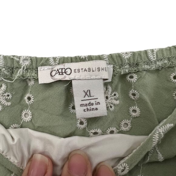 Cato Womens Green Eyelet Embroidered Boho Cinched Waist Square Neck Blouse XL - Picture 6 of 6